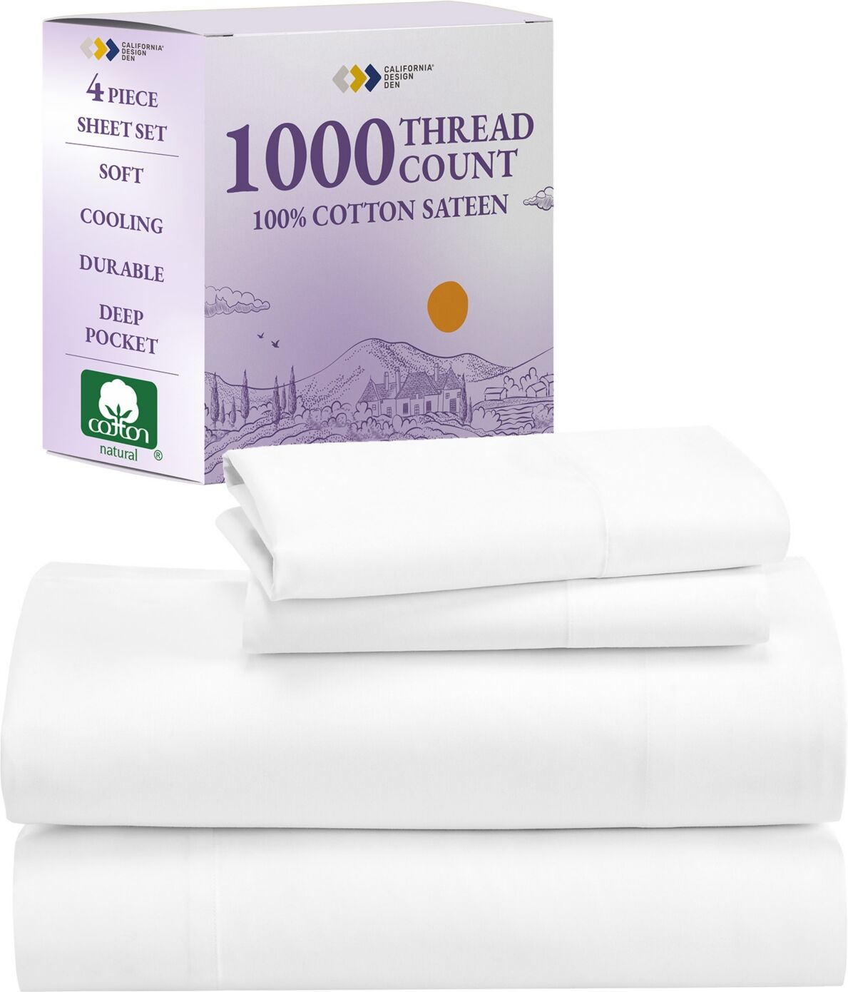 California Design Den Luxury 1000 Thread Count Bed Sheets Set - 100% Cotton Sateen - Soft, Thick & Deep Pocket - King - Bright white