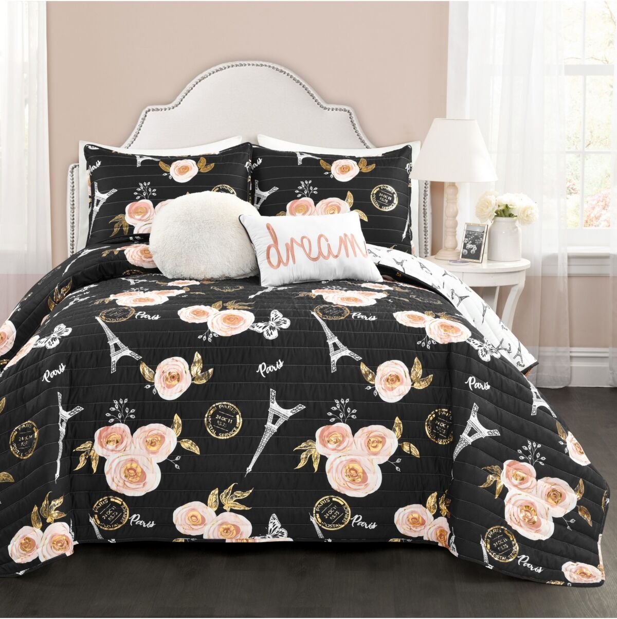 Lush Decor Vintage-Like Paris Rose Butterfly Script 5 Piece Quilt Set, King - Black