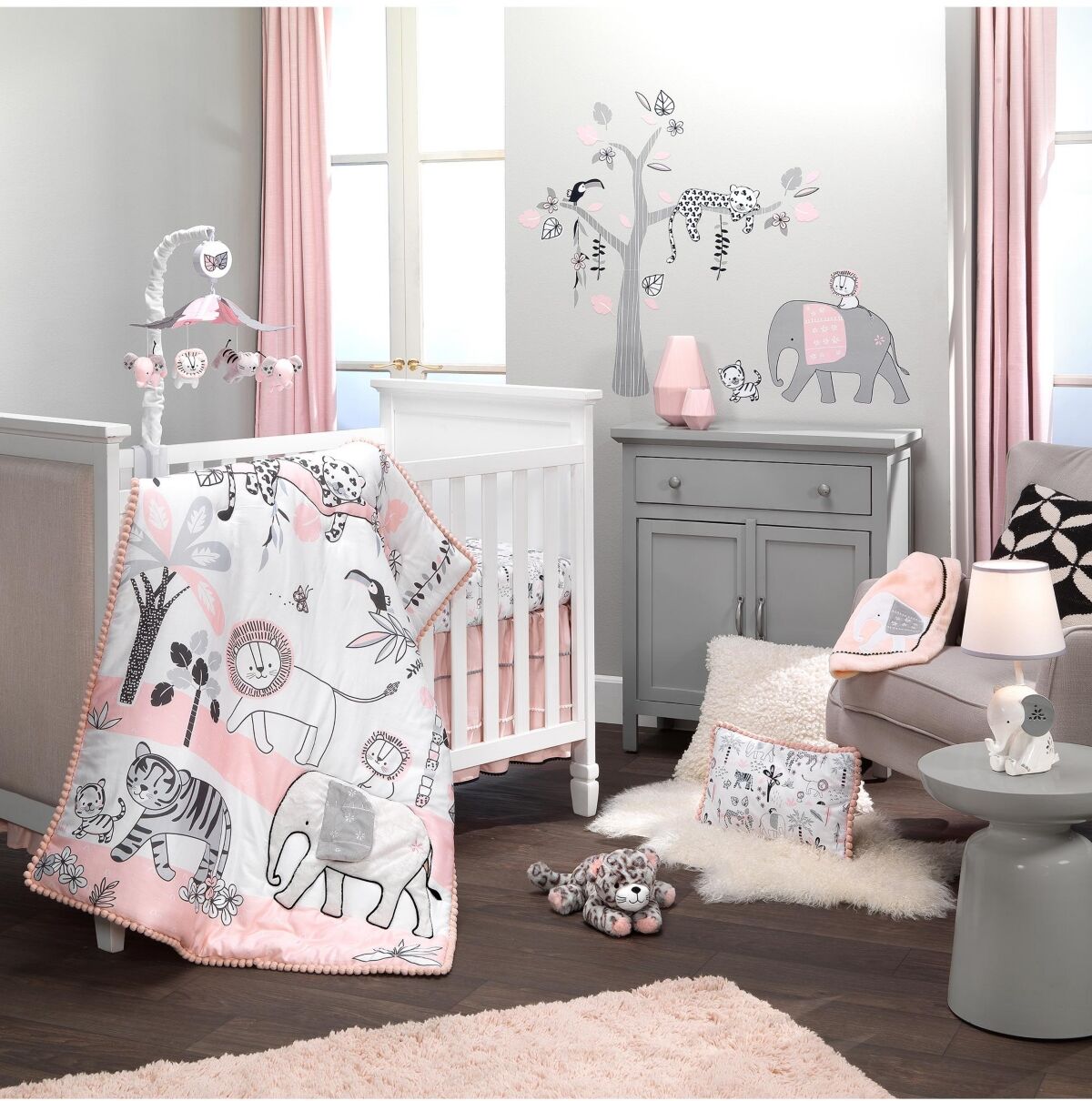 Lambs & Ivy Happy Jungle Pink/White Safari Nursery 5-Piece Crib Bedding Set - Pink