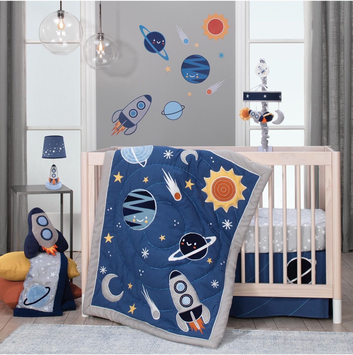 Lambs & Ivy Milky Way Blue/Gray Space Galaxy 4-Piece Nursery Baby Crib Bedding Set - Blue