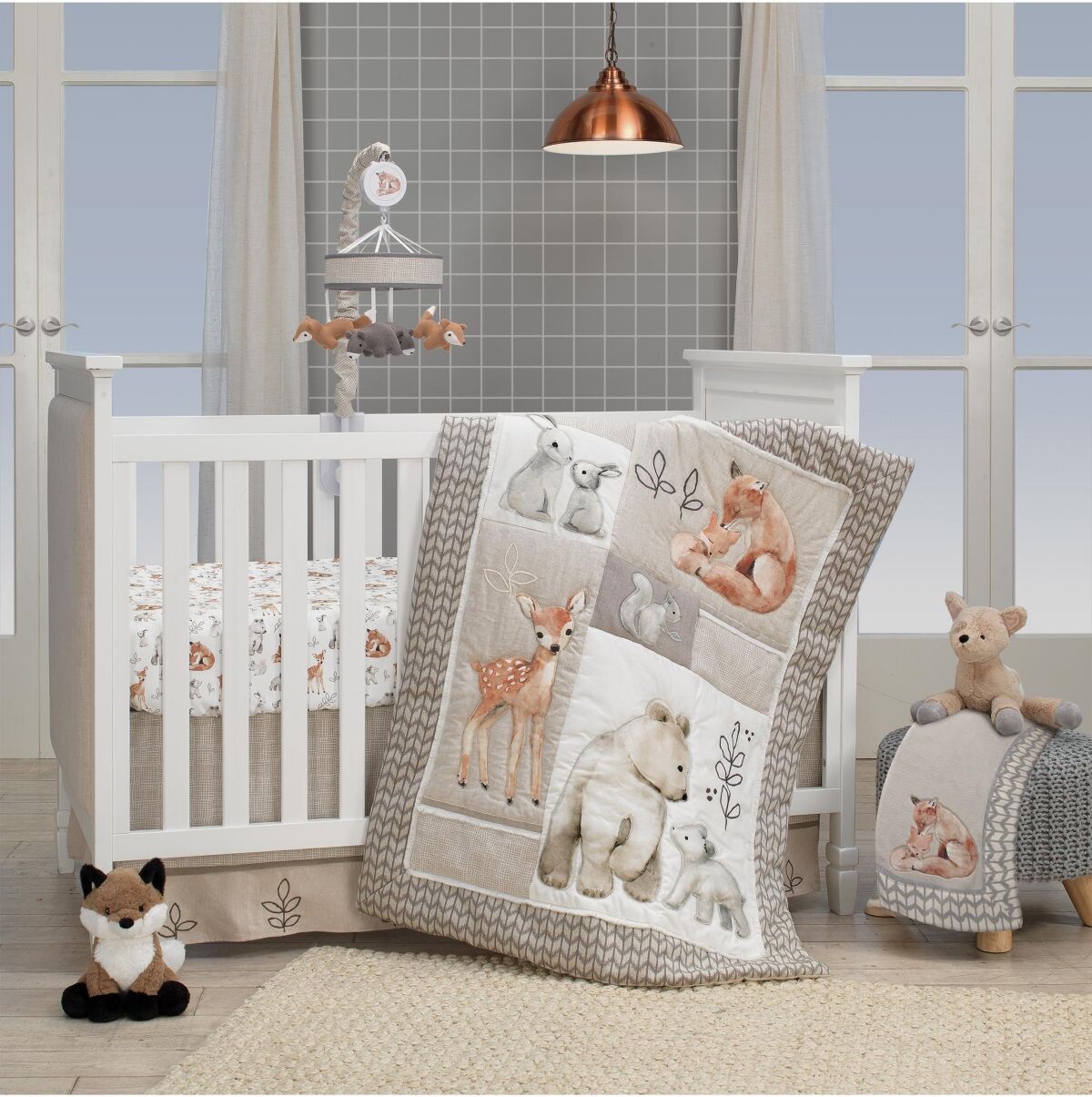 Lambs & Ivy Painted Forest Gray/Beige Woodland Animals 4-Piece Nursery Baby Crib Bedding Set - Tan