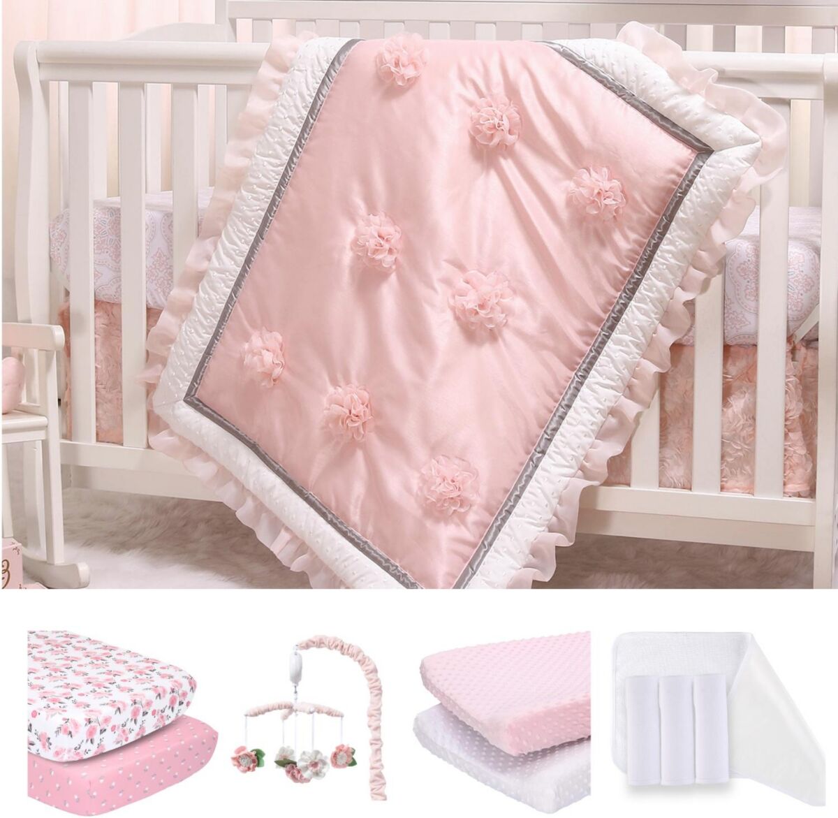 The Peanutshell Arianna 12 Piece Baby Nursery Crib Bedding, Quilt, Crib Sheets, Crib Skirt, Changing Pad Covers and Liners, and Crib Mobile - Pink/whi