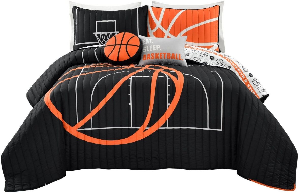 Lush Decor Basketball Game 5 Piece Quilt Set for Kids, Full/Queen - Black, Orange