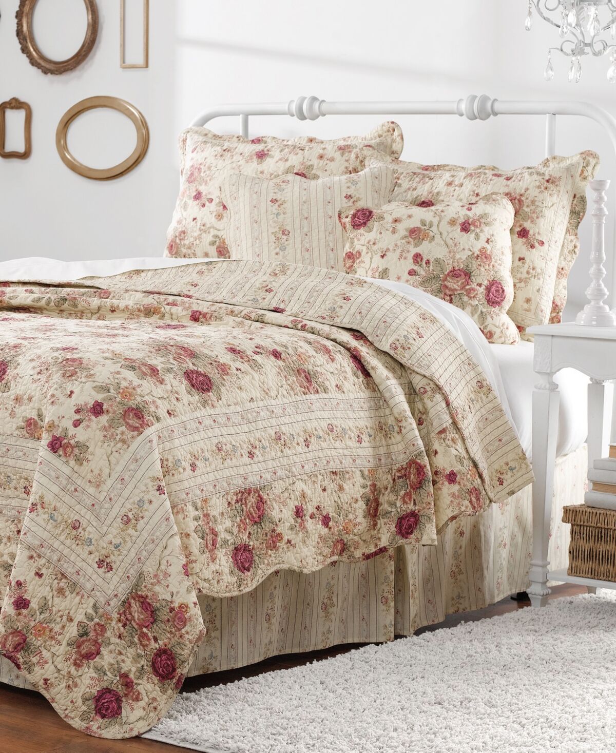 Greenland Home Fashions Antique-Like Rose 100% Cotton Reversible 5 Piece Quilt Set, King - Ecru
