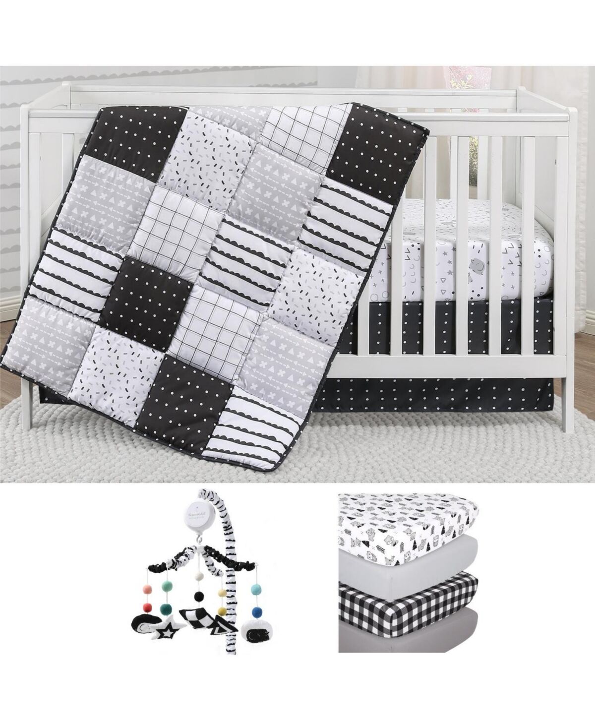 The Peanutshell Preston 8 Piece Baby Nursery Crib Bedding Set, Quilt, Crib Sheets, Crib Skirt, and Mobile - Black/white/grey