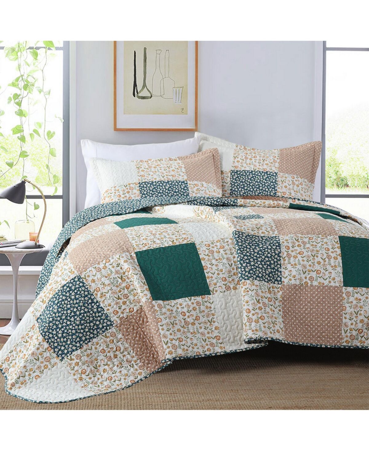 MarCielo 3Pcs Handcrafted Christmas Patchwork Cotton Vintage Style Holiday Bedspread Set - Queen - Brown