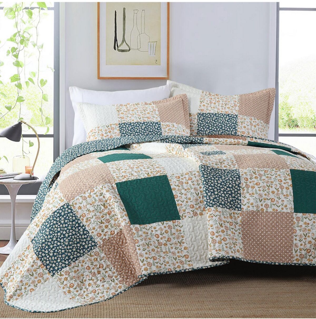 MarCielo 3Pcs Handcrafted Christmas Patchwork Cotton Vintage Style Holiday Bedspread Set - King - Brown