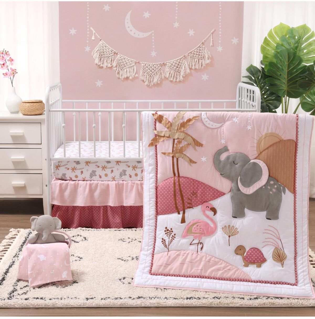 The Peanutshell Safari Oasis, Organic Cotton Crib Bedding Set for Baby Girls, 4 Pieces - Pink/grey