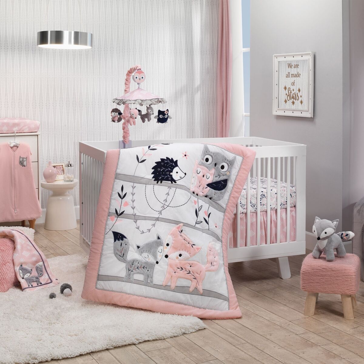 Lambs & Ivy Forever Friends White/Pink/Gray Woodland Fox/Owl 4-Piece Nursery Crib Baby Bedding Set - Pink