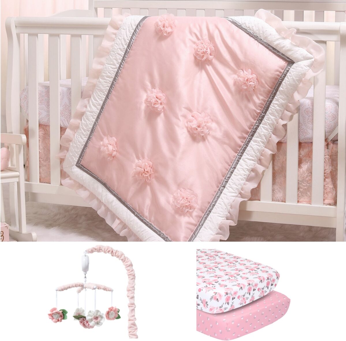 The Peanutshell Arianna 6 Piece Baby Nursery Crib Bedding Set, Quilt, Crib Sheets, Crib Skirt, and Crib Mobile - Pink/white/grey