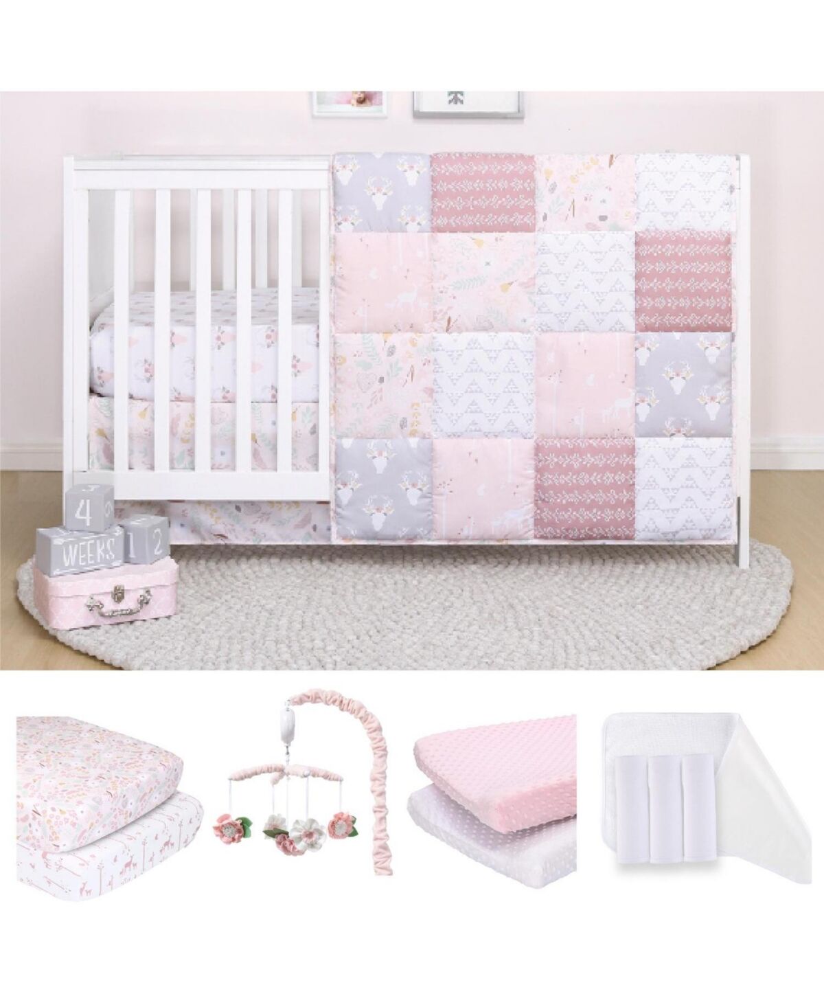 The Peanutshell Meadow 12 Piece Baby Nursery Crib Bedding Set, Quilt, Crib Sheets, Crib Skirt, Changing Pad Covers and Liners, and Mobile - Pink/white