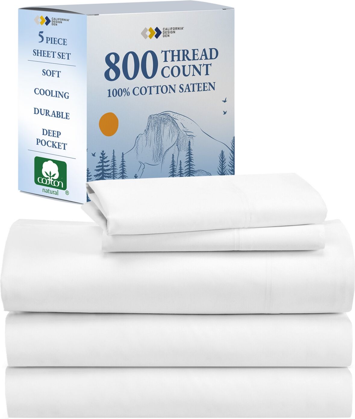 California Design Den Luxury Bed Sheets Set - 800 Thread Count 100% Cotton Sheets, Deep Pocket, Soft, Cool & Breathable - Split King Size - Bright white