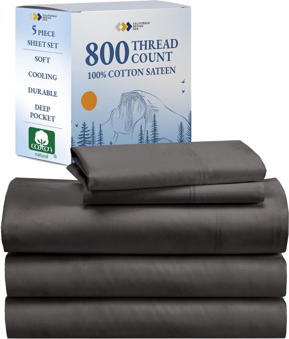 California Design Den Luxury Bed Sheets Set - 800 Thread Count 100% Cotton Sheets, Deep Pocket, Soft, Cool & Breathable - Split King Size - Charcoal gray