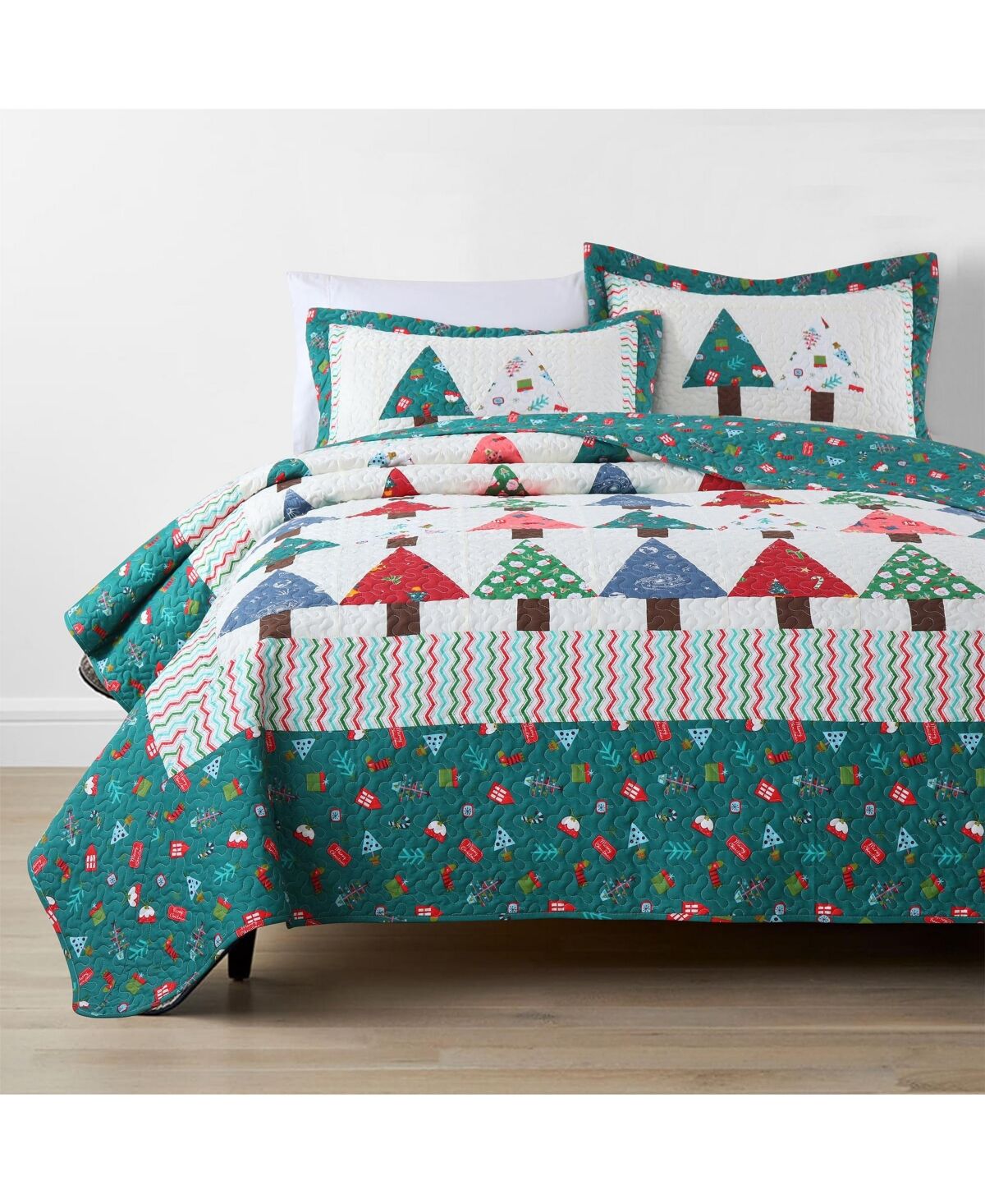 MarCielo 3Pcs Handcrafted Christmas Patchwork Cotton Vintage Like Style Holiday Bedspread Set - King - Blue