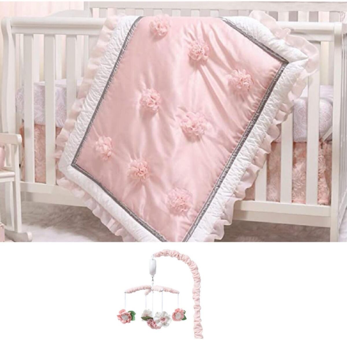 The Peanutshell Arianna 4 Piece Baby Nursery Crib Bedding Set, Quilt, Crib Sheet, Crib Skirt, and Crib Mobile - Pink/white/grey