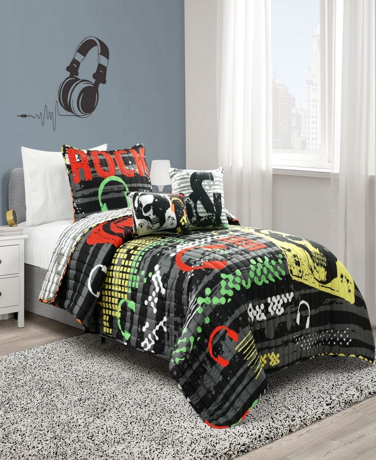 Lush Decor Rock N Roll Reversible 4-Piece Quilt, Twin Xl - Black