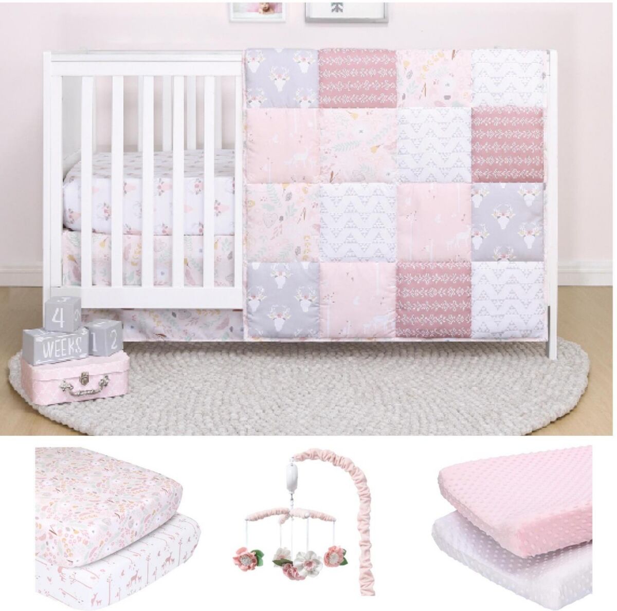 The Peanutshell Meadow 8 Piece Baby Nursery Crib Bedding Set, Quilt, Crib Sheets, Crib Skirt, Changing Pad Covers, and Crib Mobile - Pink/white/grey