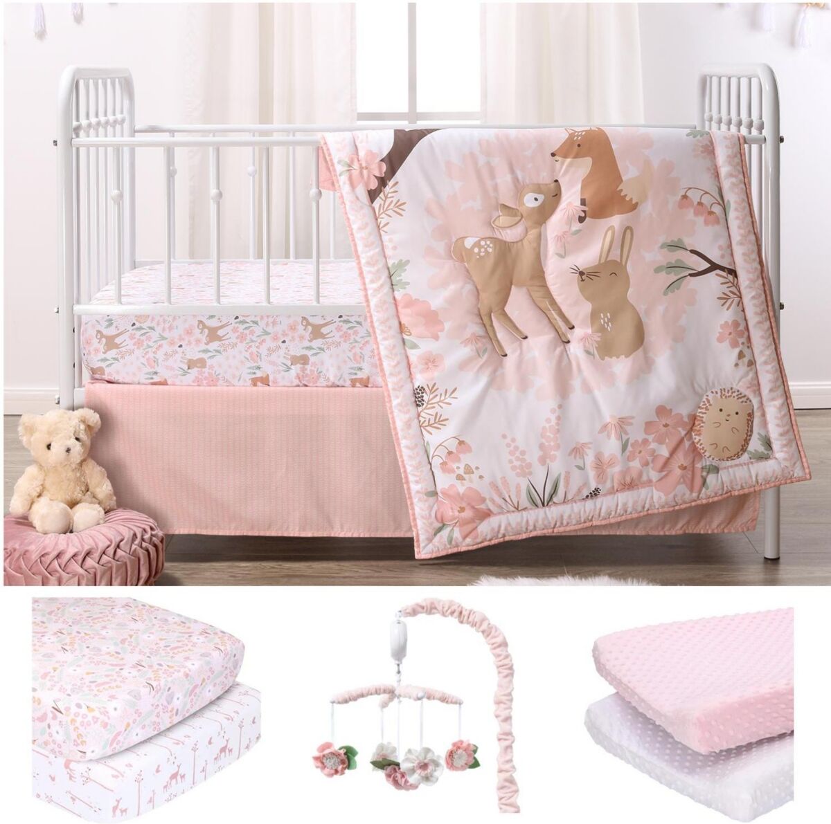 The Peanutshell Fairytale Forest 8 Piece Baby Nursery Crib Bedding Set, Quilt, Crib Sheets, Crib Skirt, Changing Pad Covers, and Crib Mobile - Pink