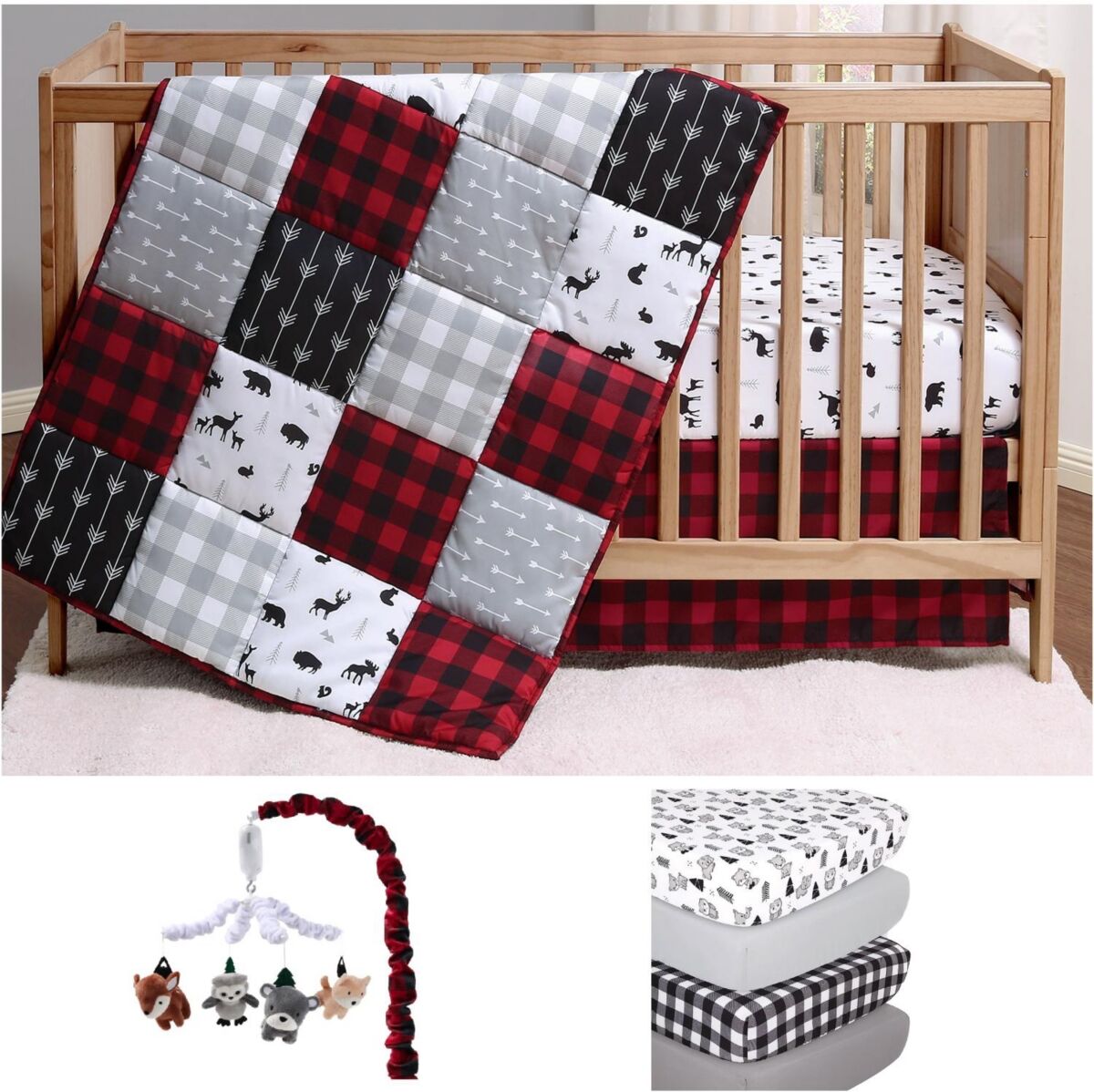 The Peanutshell Buffalo Plaid 8 Piece Baby Nursery Crib Bedding Set, Quilt, Crib Sheets, Crib Skirt, and Mobile - Black/white/red/grey