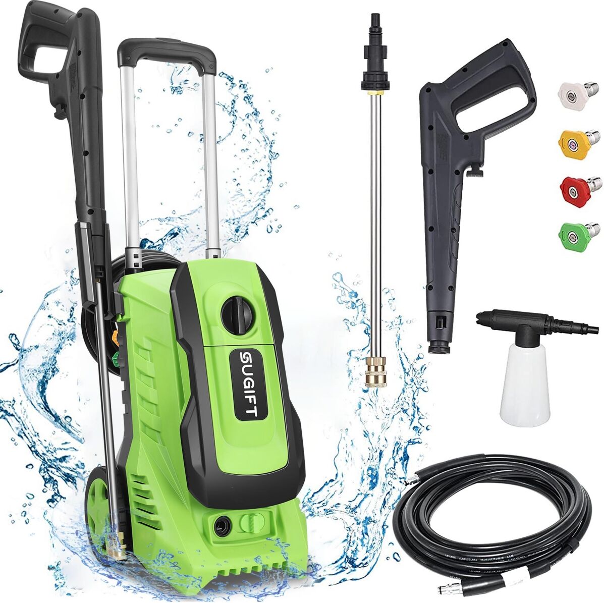 Sugift 2600 Max Psi 1.8 Gpm Electric High Pressure Washer, Cleans Cars/Fences/Patios - Green