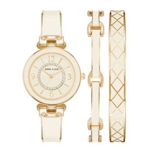 Anne Klein Women's Gold-Tone Alloy Bangle with White Enamel and Crystal Accents Fashion Watch 33mm Set 3 Pieces - Gold-Tone, White