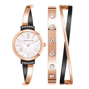 Anne Klein Women's Rose Gold-Tone and Black Alloy Bangle with Crystal Accents Fashion Watch 33mm Set 3 Pieces - Rose Gold-Tone, Black