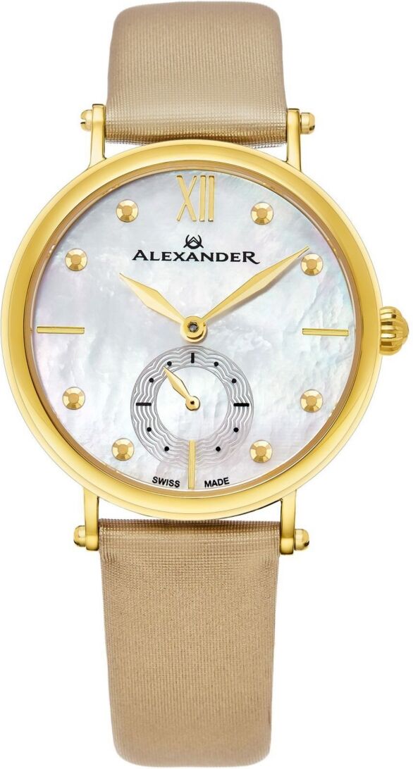 Stuhrling Alexander Watch A201-02, Ladies Quartz Small-Second Watch with Yellow Gold Tone Stainless Steel Case on Gold Satin Strap - Beige