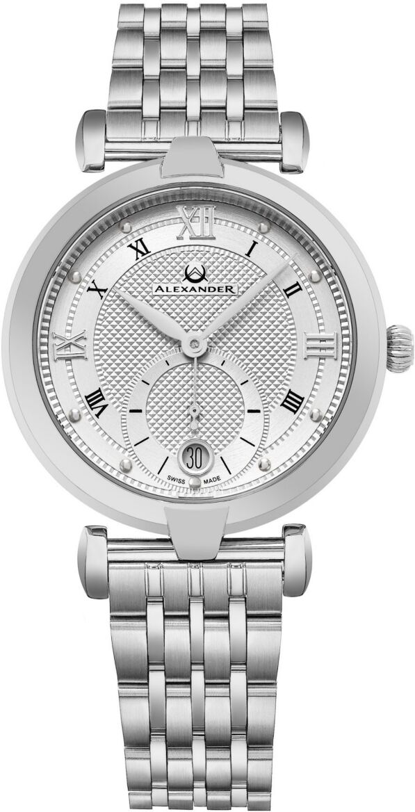 Stuhrling Alexander Watch A202B-01, Ladies Quartz Small-Second Date Watch with Stainless Steel Case on Stainless Steel Bracelet - Silver