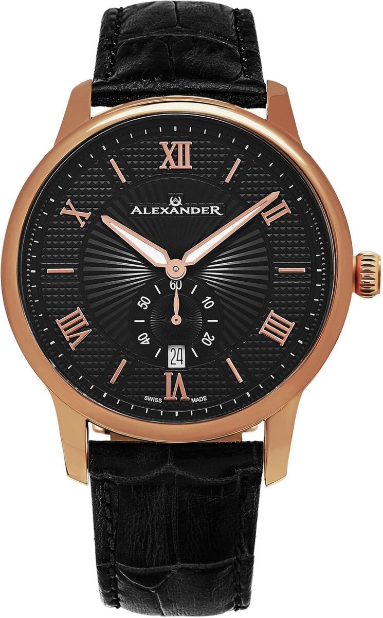 Stuhrling Alexander Watch A102-04, Stainless Steel Rose Gold Tone Case on Black Embossed Genuine Leather Strap - Black