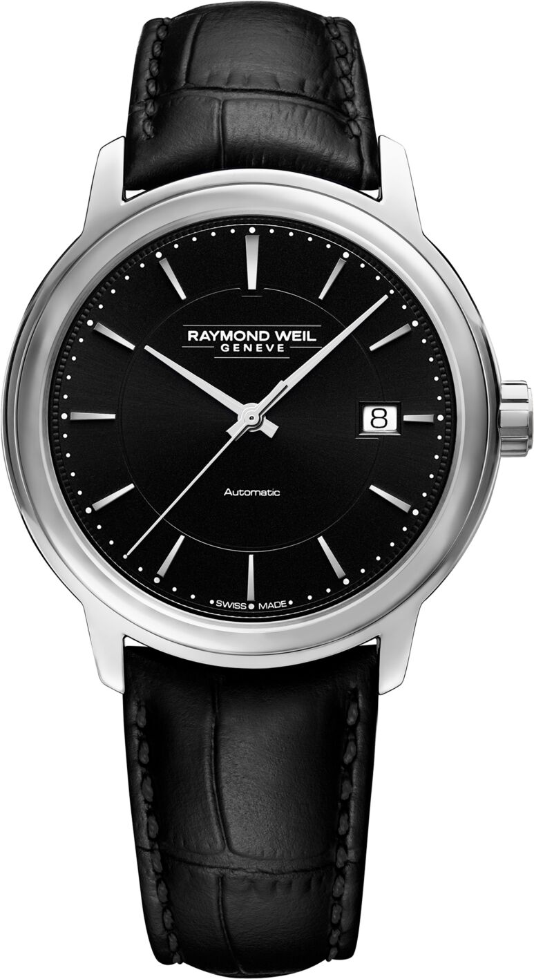 Raymond Weil Men's Swiss Automatic Maestro Black Leather Strap Watch 40mm - Black