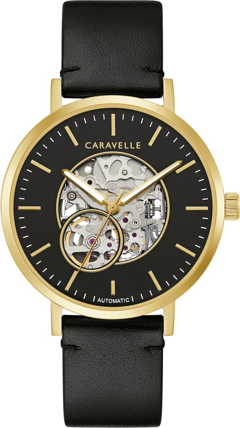 Caravelle Designed by Bulova Men's Automatic Black Leather Strap Watch 39.5mm - Black