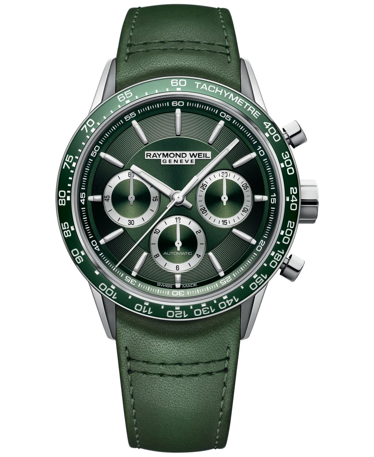 Raymond Weil Men's Swiss Automatic Chronograph Freelancer Green Leather Strap Watch 43.5mm - Green