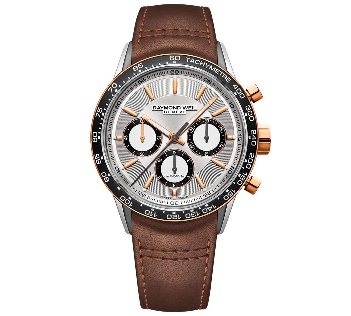 Raymond Weil Men's Swiss Automatic Chronograph Freelancer Brown Leather Strap Watch 43.5mm - Silver