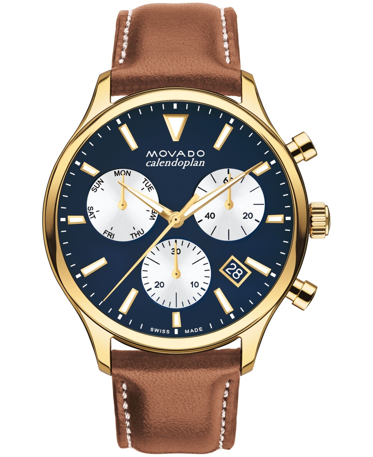Movado Men's Heritage Calendoplan Swiss Quartz Chronograph Cognac Genuine Leather Strap Watch 43mm - Brown