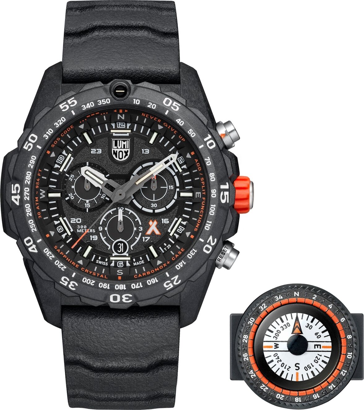 Luminox Men's Swiss Chronograph Bear Grylls Survival Master Series Compass Orange Rubber Strap Watch 45mm