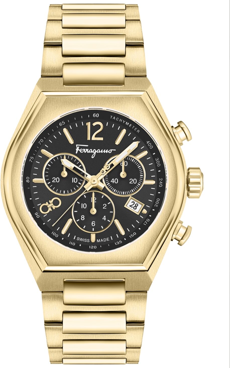 Salvatore Ferragamo Men's Swiss Chronograph Tonneau Gold Ion Plated Stainless Steel Bracelet Watch 42mm - Ip Yellow Gold