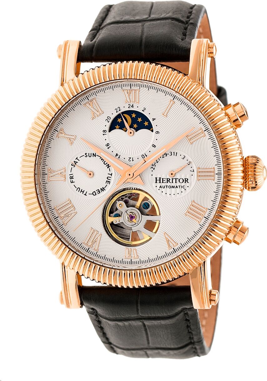 Heritor Automatic Winston Rose Gold & White Leather Watches 45mm - Black