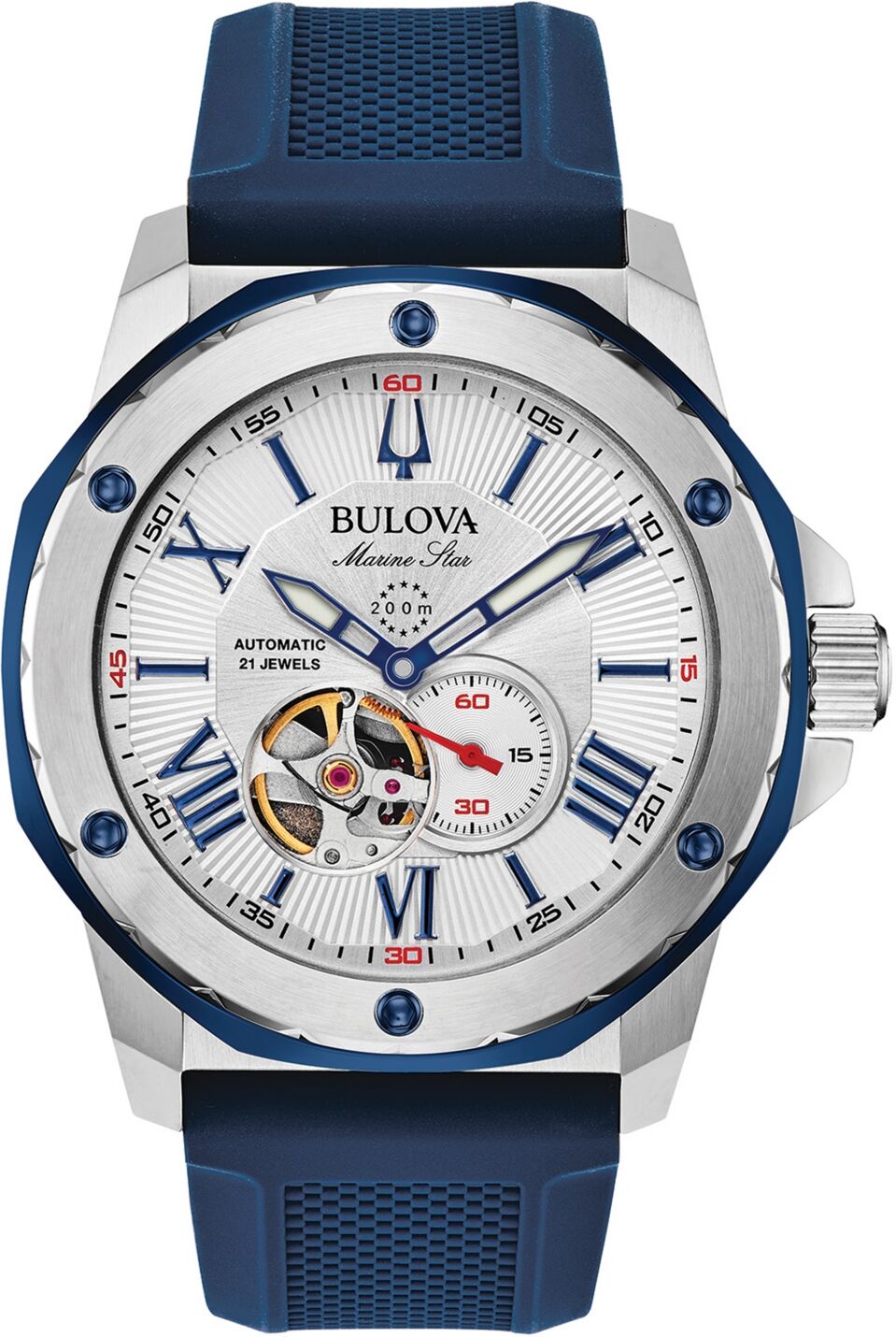 Bulova Men's Automatic Marine Star Blue Silicone Strap Watch 45mm - Blue/White