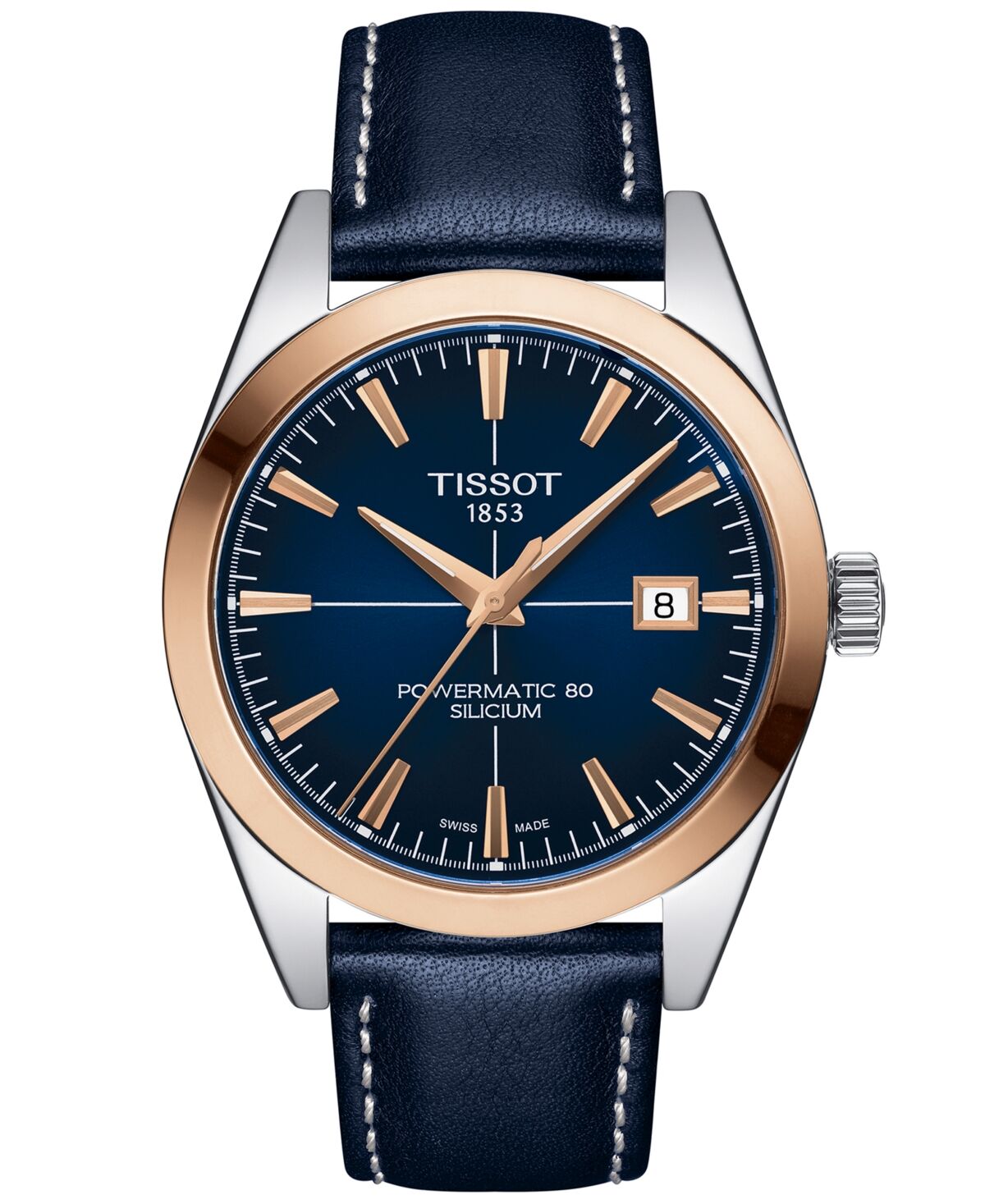 Tissot Men's Swiss Automatic Gentleman Powermatic 80 Silicium Blue Leather Strap Watch 40mm - Blue