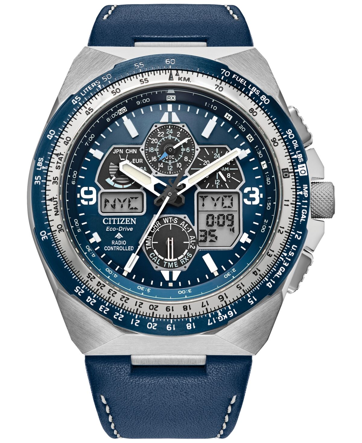 Citizen Eco-Drive Men's Chronograph Promaster Skyhawk Blue Leather Strap Watch 46mm - Blue