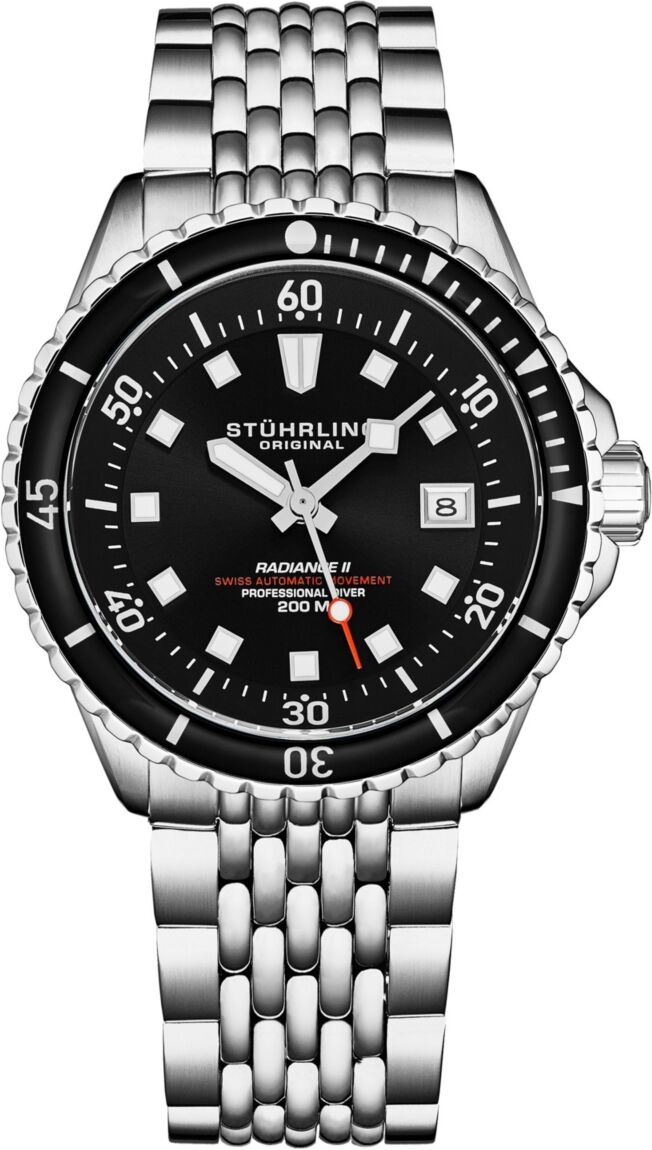 Stuhrling 1009 Men's Automatic Dive Watch with Swiss Automatic Movement, Stainless Steel Case, Stainless Steel Beaded Bracelet - Black