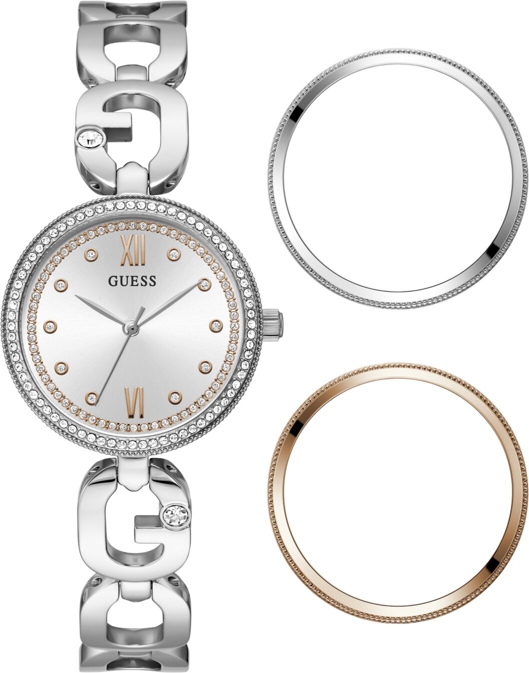 Guess Women's Analog Silver-Tone Steel Watch 30mm and 3 Dial Rings Set - Silver-Tone