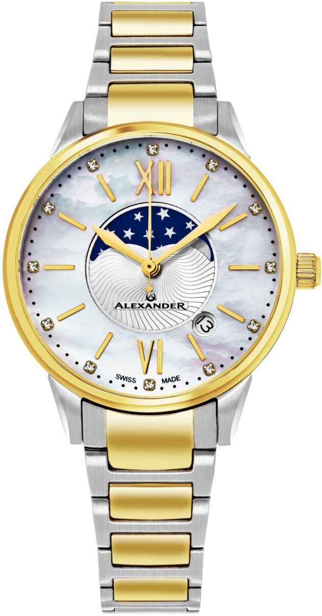 Stuhrling Alexander Watch AD204B-04, Ladies Quartz Moonphase Date Watch with Yellow Gold Tone Stainless Steel Case on Yellow Gold Tone Stainless Steel Bracelet