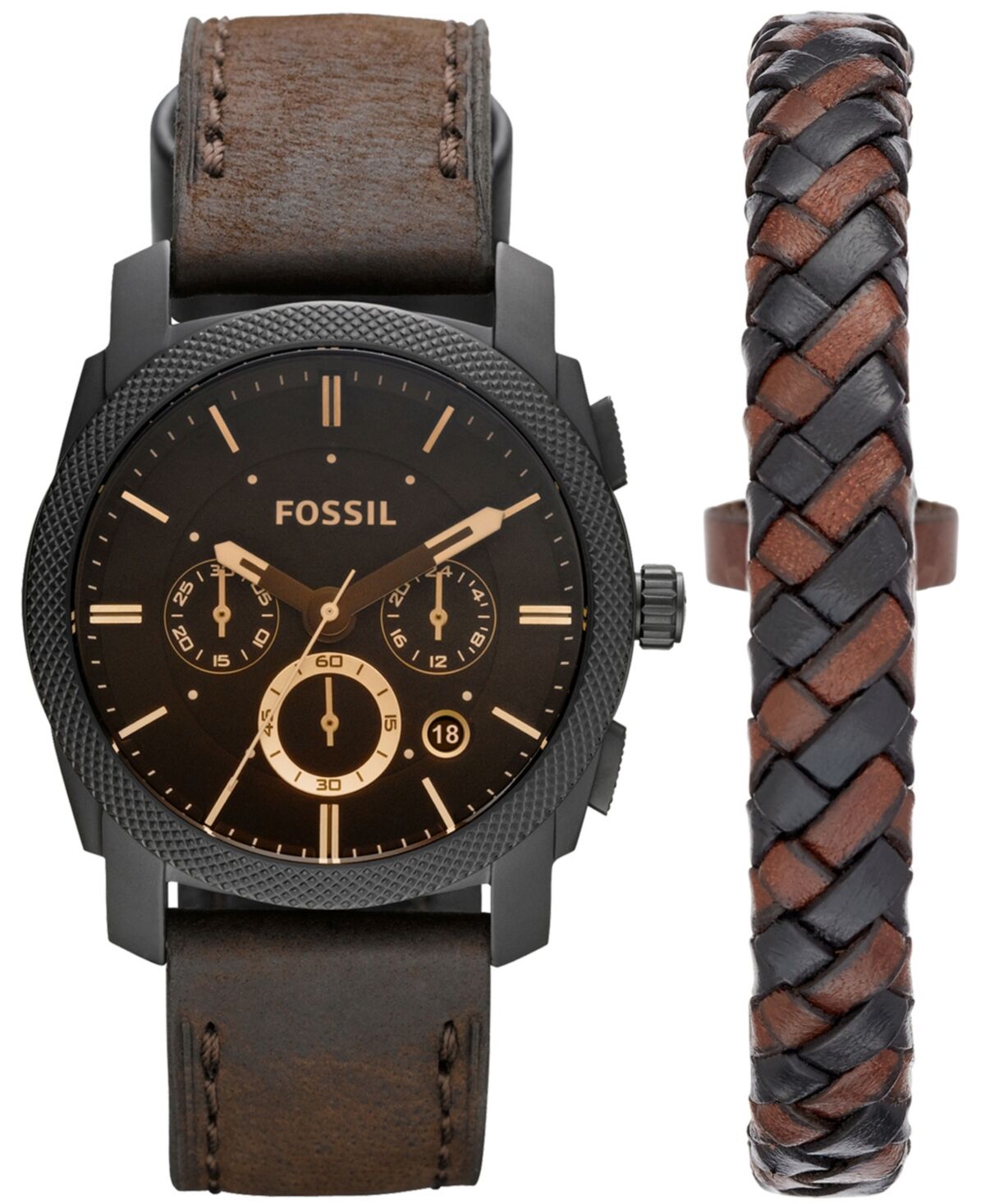 Fossil Machine Chronograph Dark Brown Leather Watch and Bracelet Box Set 42mm - Brown