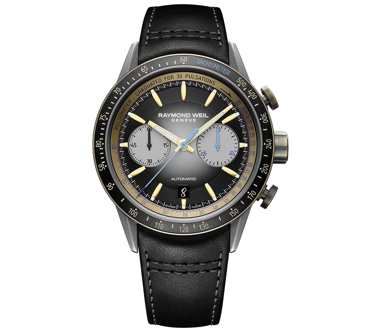 Raymond Weil Men's Swiss Automatic Chronograph Freelancer Black Leather Strap Watch 43.5mm - Black