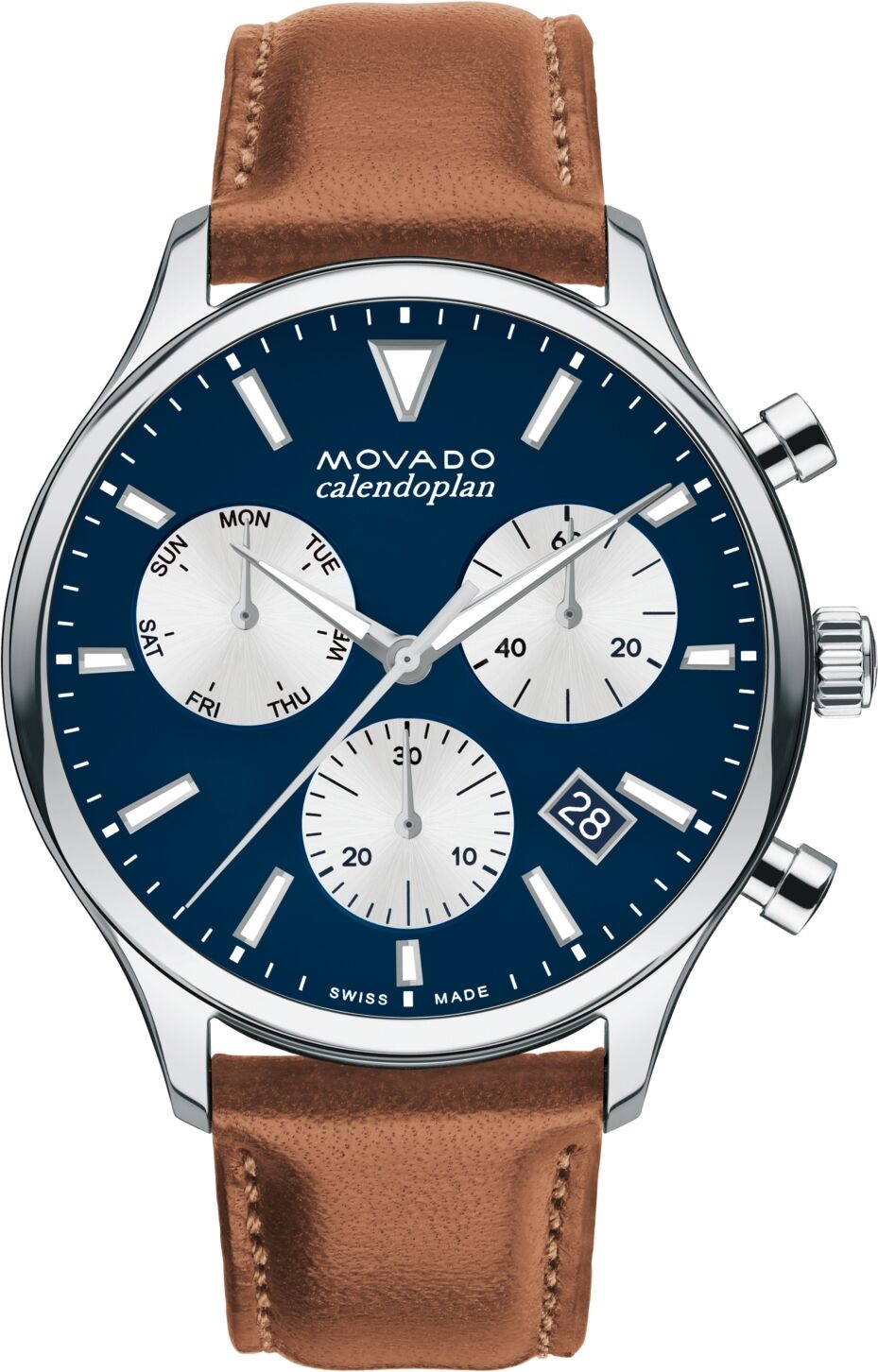 Movado Men's Calendoplan Cognac Brown Genuine Leather Strap Watch 43mm - Silver