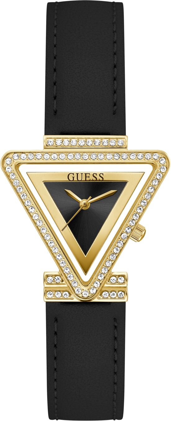 Guess Women's Gold-Tone Glitz Black Genuine Leather Strap Watch, 34mm - Black