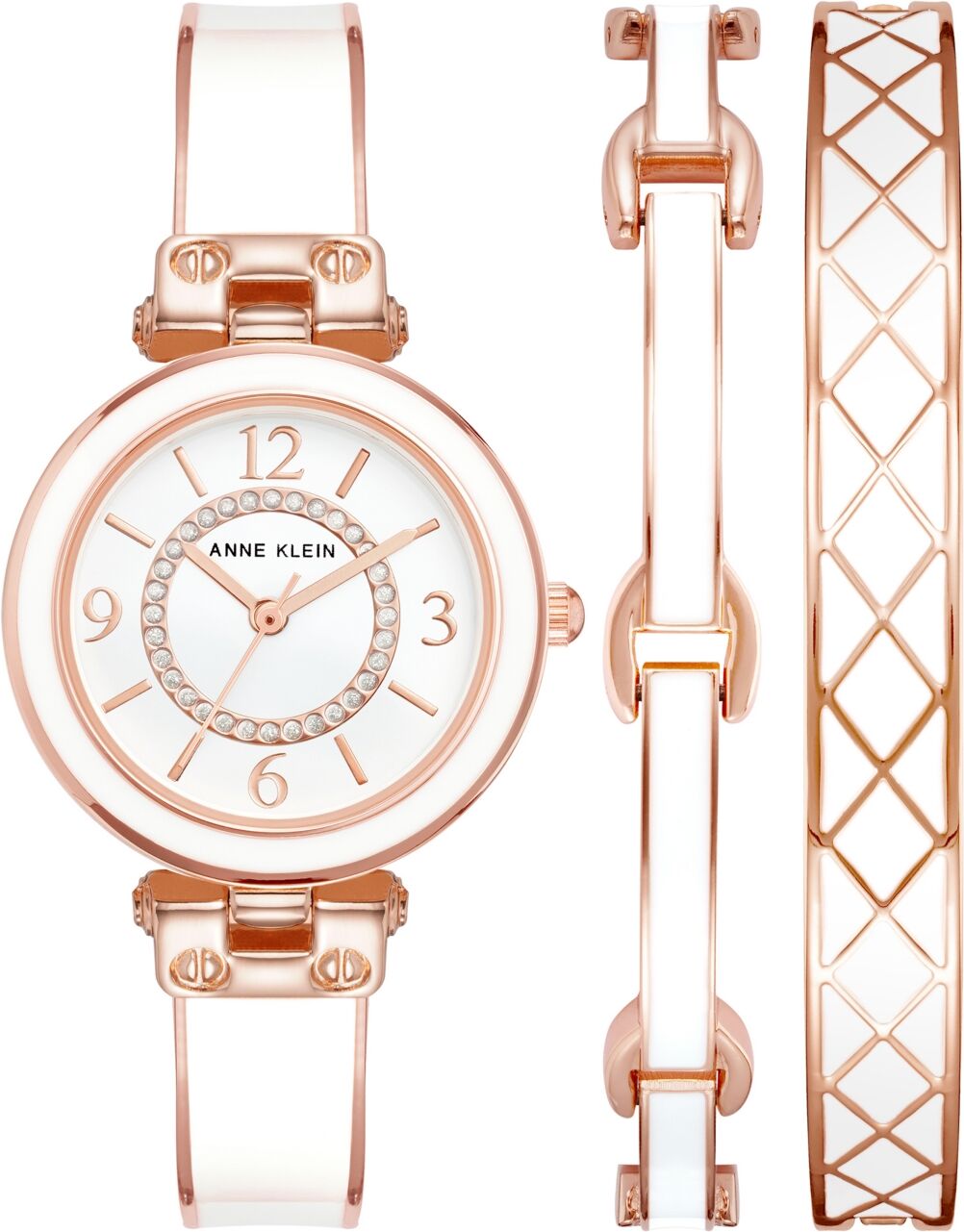 Anne Klein Women's Rose Gold-Tone Alloy Bangle with White Enamel and Crystal Accents Fashion Watch 33mm Set 3 Pieces - Rose Gold-Tone, White