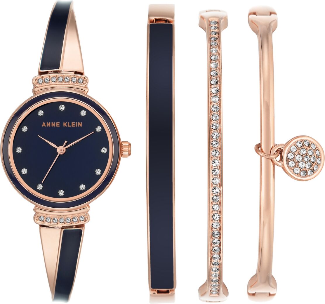 Anne Klein Women's Rose Gold-Tone Alloy Bangle with Navy Enamel and Crystal Accents Fashion Watch 33.5mm Set 4 Pieces - Rose Gold-Tone, Navy