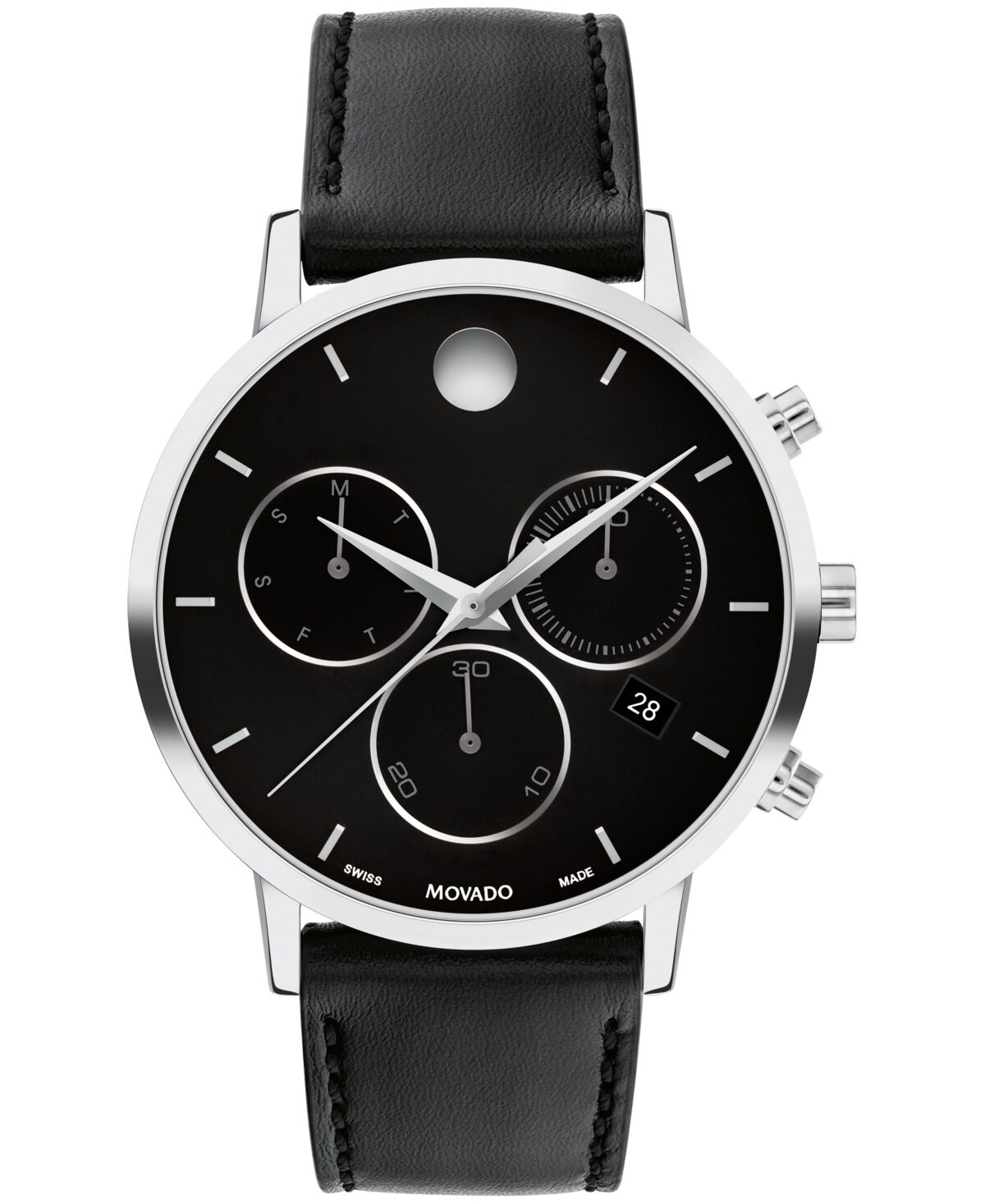 Movado Men's Museum Classic Swiss Quartz Chrono Black Leather Watch 42mm - Black